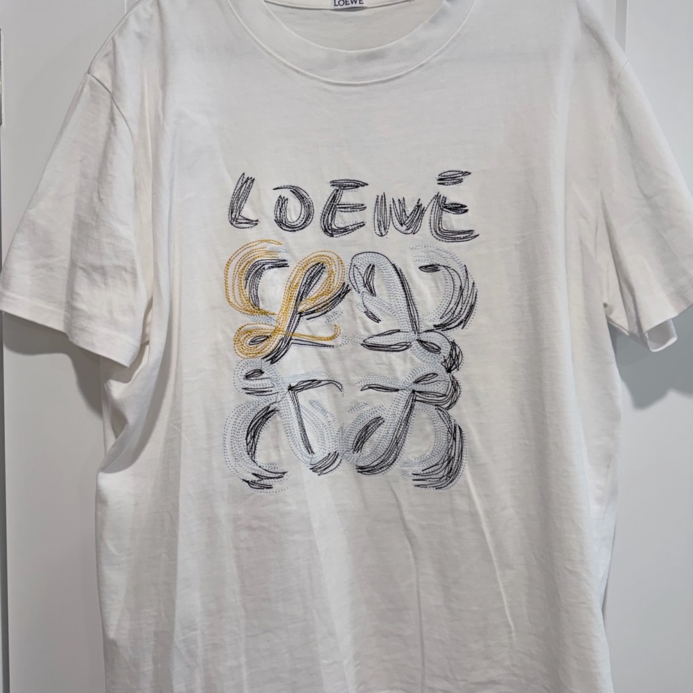 Loewe White Graphic Tee with Black Sketch and Gold Stitching